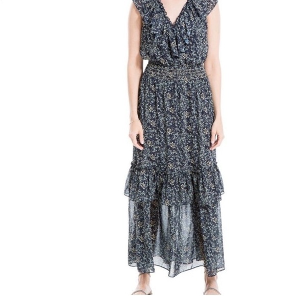 MAX STUDIO Navy Blue Floral Ruffled Georgette V-Neck Sleeveless Maxi Dress - Picture 7 of 9